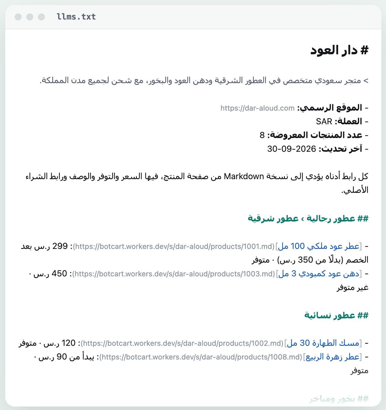 ملف llms.txt لمتجر تجريبي على سلة